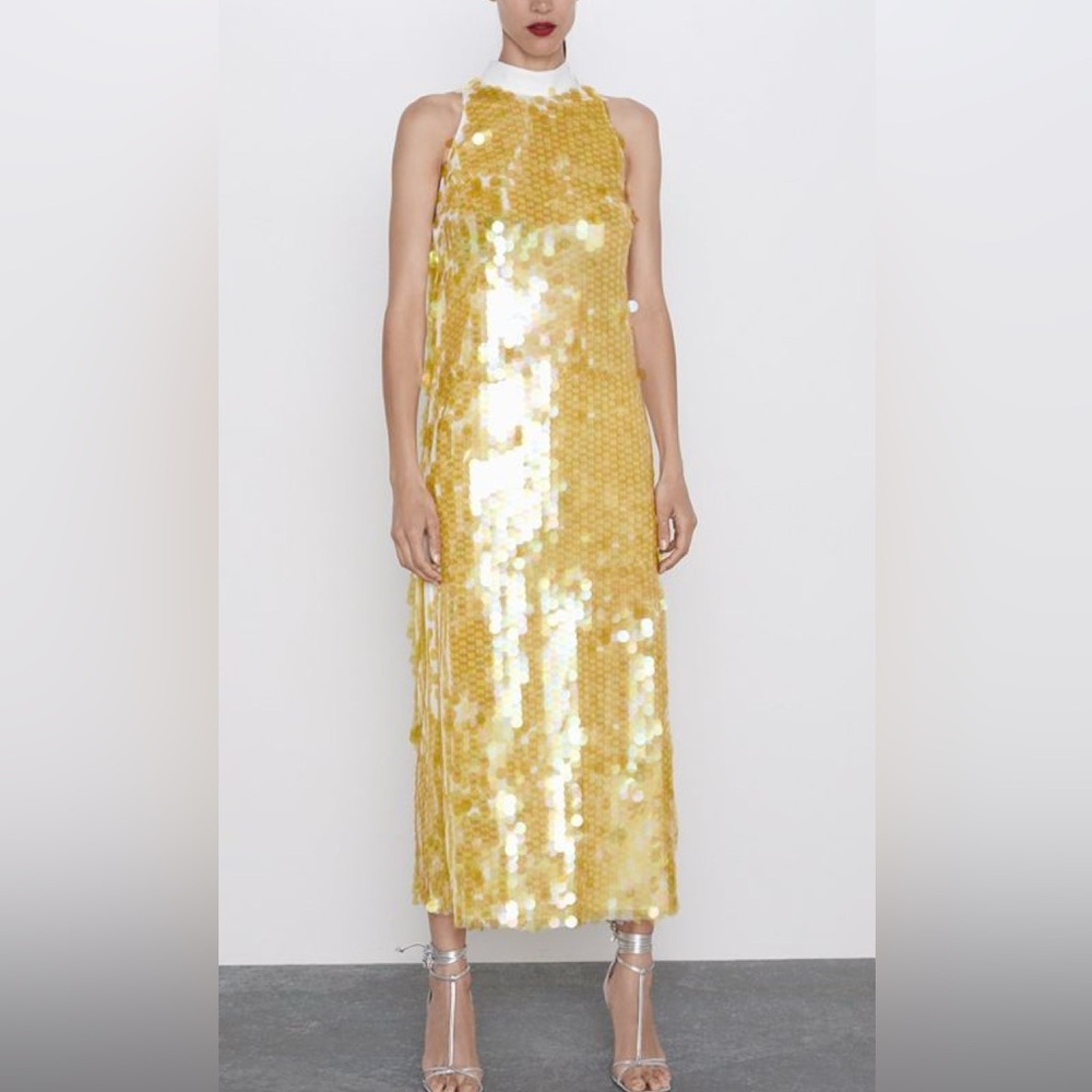 Zara Rare Sequin Yellow High neck Maxi Dress
